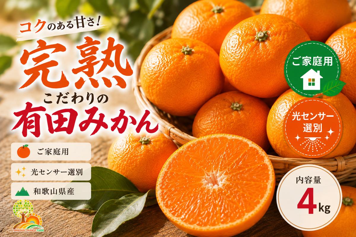 ＼光センサー選別／こだわりの完熟有田みかん 4kg＋150g(傷み補償分) 【ご家庭用】サイズ混合 有機質肥料100%｜ みかん 有田みかん 温州みかん ミカン 温州ミカン 柑橘 温州 甘い コク 産地直送